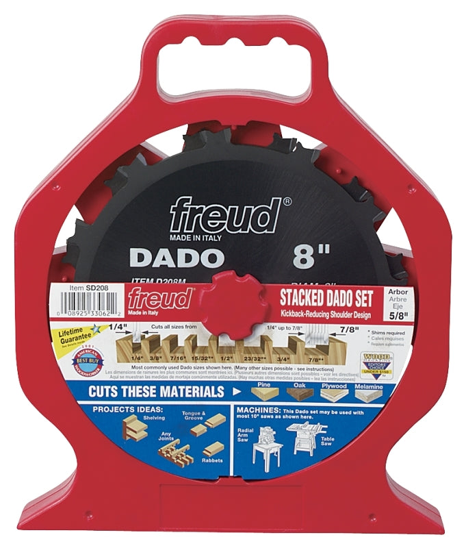 Freud SD208S Dado Blade Set, 8 in Dia, 5/8 in Arbor, 12-Teeth, Carbide Cutting Edge