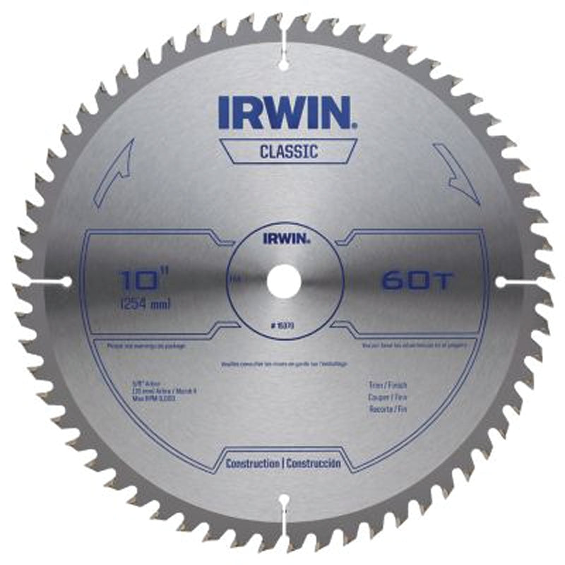 Irwin 15370 Circular Saw Blade, 10 in Dia, 5/8 in Arbor, 60-Teeth, Carbide Cutting Edge, Applicable Materials: Wood