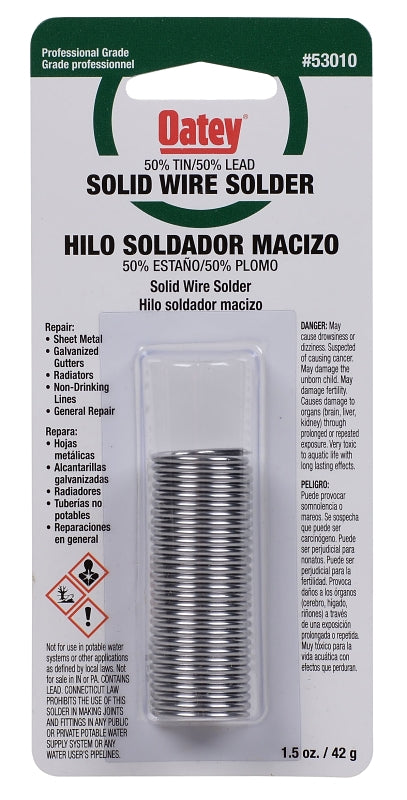 Oatey 53010 Leaded Wire Solder, 1 oz Carded, Solid, Silver, 361 to 421 deg F Melting Point