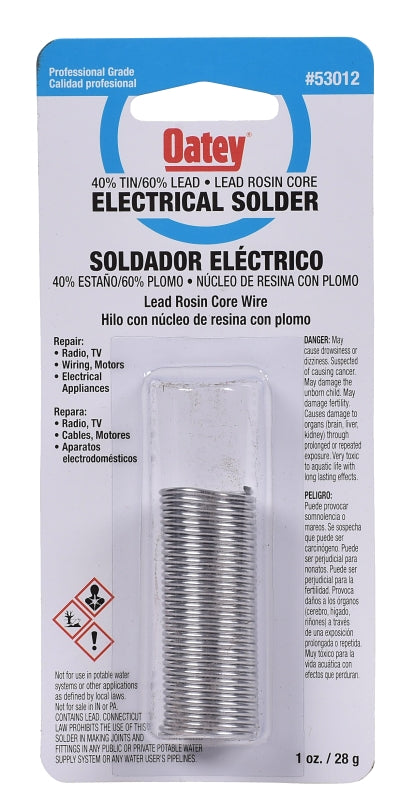 Oatey 53012 Rosin Core Wire Solder, 1 oz Carded, Solid, Silver, 361 to 460 deg F Melting Point