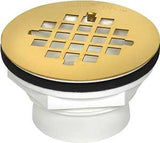 Oatey 42078 Shower Drain with Polished Brass Strainer, PVC, White, For: 2 in SCH 40 DWV Pipes
