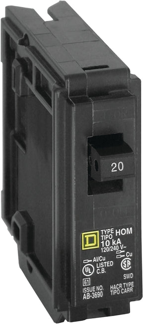 Square D Homeline HOM120CP Circuit Breaker, Mini, 20 A, 1-Pole, 120 V, Fixed Trip, Plug, Black