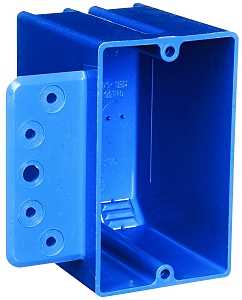 Carlon B118B-UPC Outlet Box with Bracket, 1-Gang, 4-Knockout, PVC, Blue, Bracket, Stud