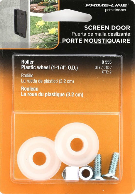 Prime-Line B 555 Door Roller, 1-1/4 in Dia Roller, 5/16 in W Roller, Nylon, White, 2-Roller, Bottom Mounting