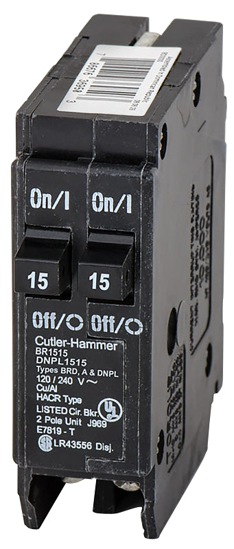 Cutler-Hammer BR1515 Circuit Breaker, Duplex, Type BR, 15 A, 1-Pole, 120/240 V, Plug