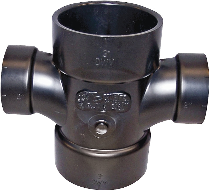 Canplas 102181BC Reducing Double Sanitary Pipe Tee, 3 x 2 in, Hub, ABS, Black