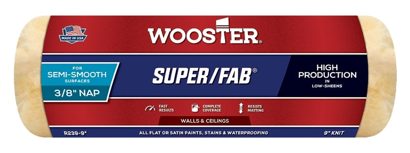 Wooster Super/Fab R239-9 Roller Cover, 3/8 in Thick Nap, 9 in L, Fabric Cover, Golden Yellow
