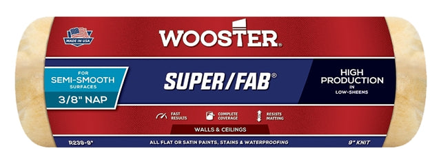 Wooster Super/Fab R239-9 Roller Cover, 3/8 in Thick Nap, 9 in L, Fabric Cover, Golden Yellow