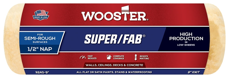 Wooster Super/Fab R240-9 Roller Cover, 1/2 in Thick Nap, 9 in L, Fabric Cover, Golden Yellow