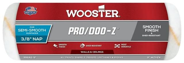 Wooster RR642-9 Roller Cover, White, 3/8 in Thick Nap, 9 in L, Woven Fabric Cover