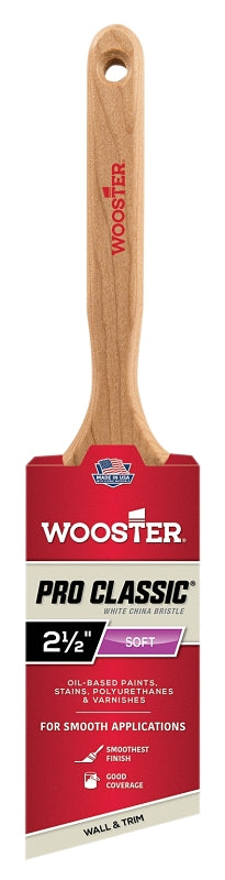 Wooster Z1222-2-1/2 Paint Brush, White, Maple Wood Handle, 2-1/2 in W, Angle Brush, 3-3/16 in L Bristle, China Bristle