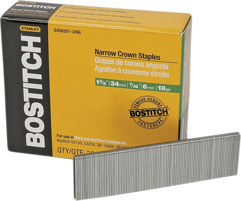 Bostitch SX50351-3/8G Crown Staple, 7/32 in W Crown, 1-3/8 in L Leg, 18 Gauge, Steel