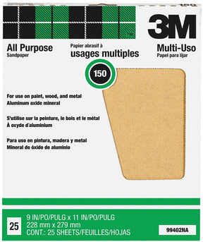 3M 99402NA Sandpaper, 11 in L, 9 in W, Fine, 150 Grit, Aluminum Oxide Abrasive, Paper Backing