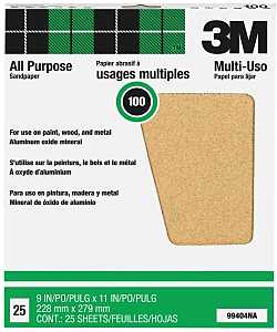 3M 99404 Sandpaper Sheet, Tan, 11 in L, 9 in W, Medium, 100 Grit, Aluminum Oxide Abrasive, Paper Backing