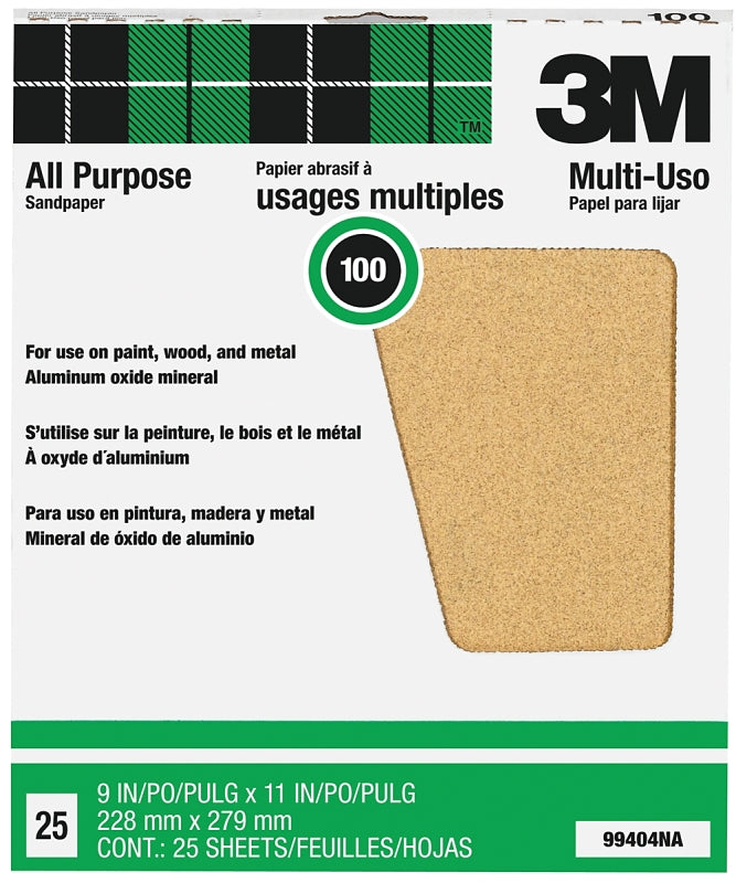 3M 99404 Sandpaper Sheet, Tan, 11 in L, 9 in W, Medium, 100 Grit, Aluminum Oxide Abrasive, Paper Backing