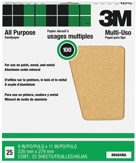 3M 99404 Sandpaper Sheet, Tan, 11 in L, 9 in W, Medium, 100 Grit, Aluminum Oxide Abrasive, Paper Backing