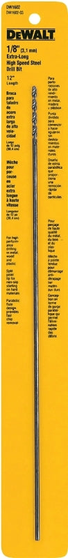 DEWALT DW1602 Drill Bit, 1/8 in Dia, 12 in OAL, Extended Length, Parabolic Flute, 1/8 in Dia Shank
