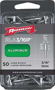 Arrow RLA3/16IP Pop Rivet, Long, 1/2 in Grip, 1/2 in L, Aluminum, 50/PK
