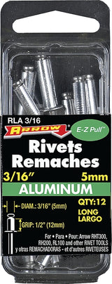 Arrow RLA3/16 Pop Rivet, Long, 1/2 in Grip, 1/2 in L, Aluminum, Silver, 12/PK