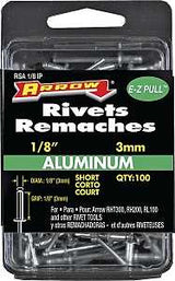 Arrow RSA1/8IP Pop Rivet, Short, 1/8 in Grip, 1/8 in L, Aluminum, Silver, 100/PK
