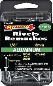 Arrow RSA1/8IP Pop Rivet, Short, 1/8 in Grip, 1/8 in L, Aluminum, Silver, 100/PK