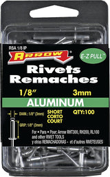 Arrow RSA1/8IP Pop Rivet, Short, 1/8 in Grip, 1/8 in L, Aluminum, Silver, 100/PK