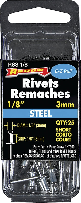 Arrow RSS1/8 Pop Rivet, Short, 1/8 in L, Steel, 25/PK