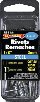 Arrow RSS1/8 Pop Rivet, Short, 1/8 in Grip, 1/8 in L, Steel, 25/PK