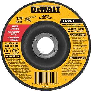 DEWALT DW4419 Grinding Wheel, 4 in Dia, 1/4 in Thick, 5/8 in Arbor, 24 Grit, Very Coarse, Aluminum Oxide Abrasive