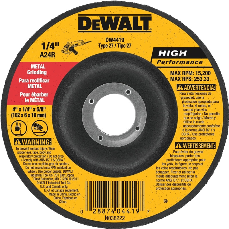 DEWALT DW4419 Grinding Wheel, 4 in Dia, 1/4 in Thick, 5/8 in Arbor, 24 Grit, Very Coarse, Aluminum Oxide Abrasive