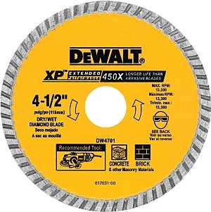 DEWALT DW4701 Circular Blade, 4-1/2 in Dia, 7/8 in Arbor, Diamond Cutting Edge, Continuous Rim