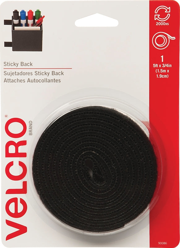 VELCRO Brand 90086 Hook and Loop Fastener, 3/4 in W, 5 ft L, Nylon, Black, 5 lb, Rubber Adhesive