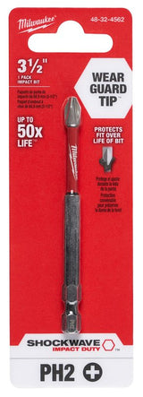 Milwaukee SHOCKWAVE 48-32-4562 Power Bit, #2 Drive, Phillips Drive, 1/4 in Shank, Hex Shank, 3-1/2 in L