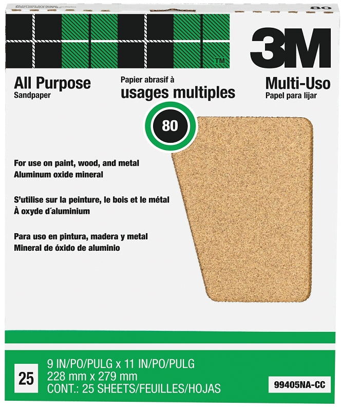 3M 99405 Sandpaper Sheet, Tan, 11 in L, 9 in W, Medium, 80 Grit, Aluminum Oxide Abrasive, Paper Backing