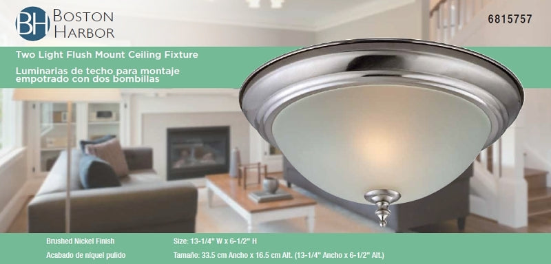 Boston Harbor F51WH02-1005-BN Flush-Mount Ceiling Fixture, 120 V, 60 W, 2-Lamp, CFL Lamp, Brushed Nickel Fixture
