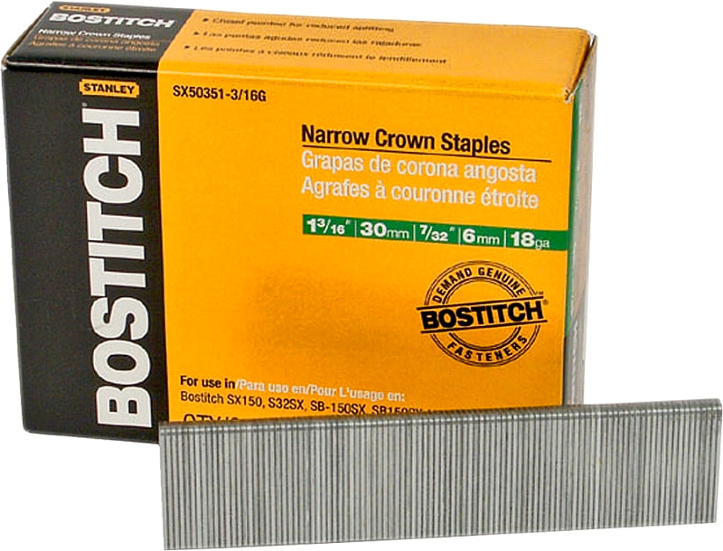 Bostitch SX50351-3/16G Crown Staple, 7/32 in W Crown, 1-3/16 in L Leg, 18 Gauge, Steel