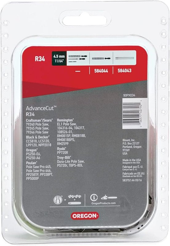 Oregon AdvanceCut R34 Chainsaw Chain, 8 in L Bar, 0.043 in, 3/8 in TPI/Pitch, 34-Link