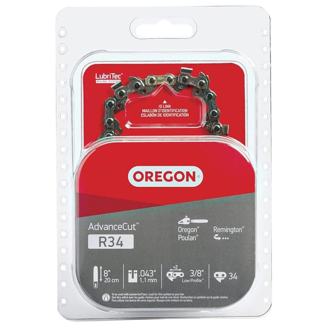 Oregon AdvanceCut R34 Chainsaw Chain, 8 in L Bar, 0.043 in, 3/8 in TPI/Pitch, 34-Link