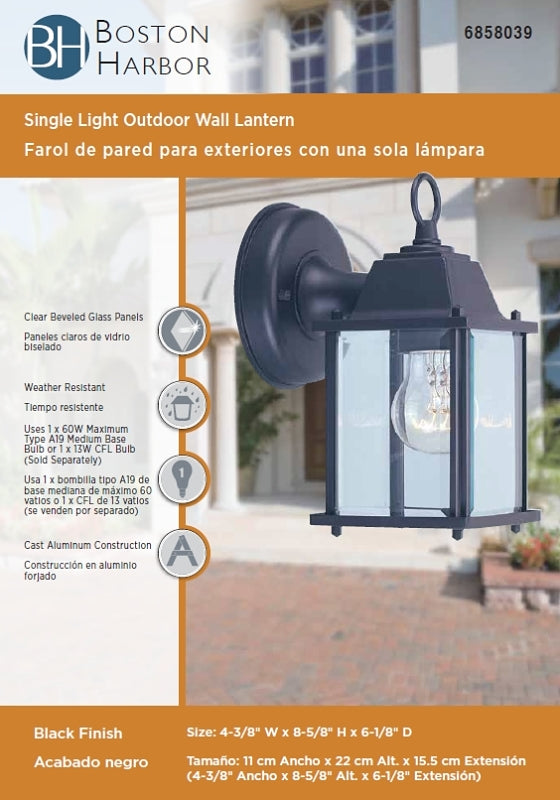 Boston Harbor AL1037-53L Outdoor Lantern, 120 V, 60 W, CFL Lamp, Aluminum Fixture, Black