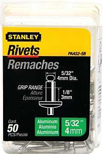 STANLEY PAA52-5B Pop Rivet, Reusable, 1/8 in Grip, 5/32, Aluminum, 50/PK