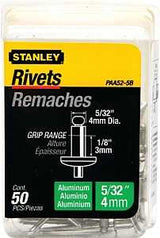 STANLEY PAA52-5B Pop Rivet, Reusable, 1/8 in Grip, 5/32, Aluminum, 50/PK