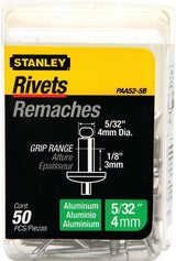 STANLEY PAA52-5B Pop Rivet, Reusable, 1/8 in Grip, 5/32, Aluminum, 50/PK