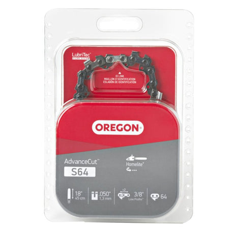 Oregon S64 Chainsaw Chain, 18 in L Bar, 0.05 in, 3/8 in TPI/Pitch, 64-Link