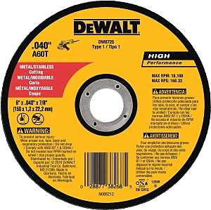 DEWALT DW8725 Cutting Wheel, 6 in Dia, 0.04 in Thick, 7/8 in Arbor, Very Fine, Aluminum Oxide Abrasive