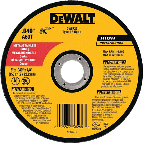 DEWALT DW8725 Cutting Wheel, 6 in Dia, 0.04 in Thick, 7/8 in Arbor, Very Fine, Aluminum Oxide Abrasive