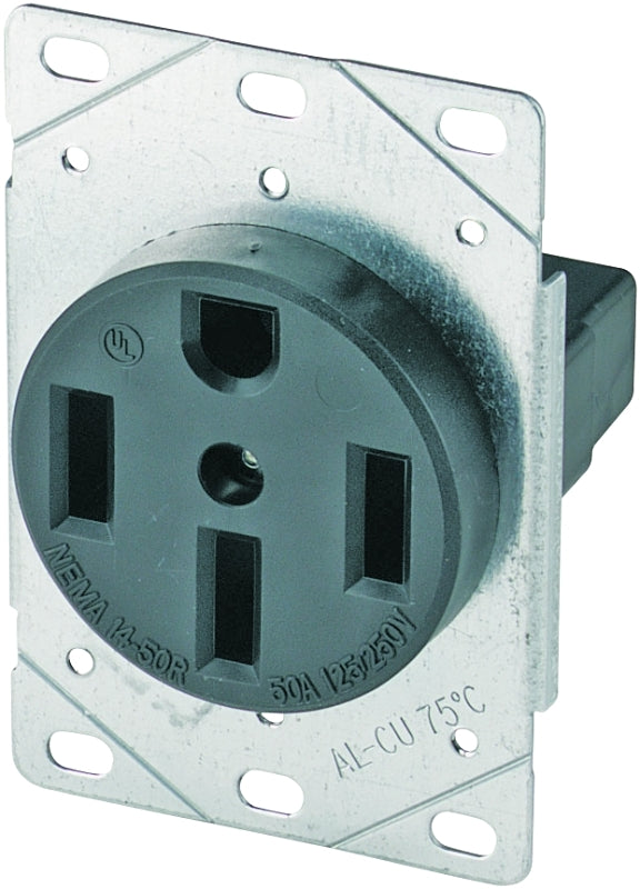Eaton Cooper Wiring 1258-SP Power Receptacle, Flush Mounting, 3-Pole, 125/250 V, 50 A, NEMA: NEMA 14-50R, Black