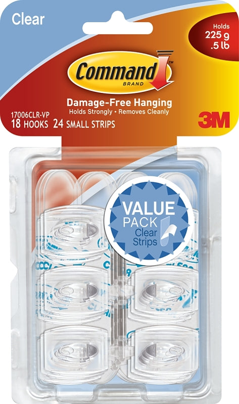 Command 17006CLR-VP Adhesive Hook, 0.5 lb, 18-Hook, Plastic, Clear, Pack of 4