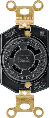 Eaton Wiring Devices L1420R Single Receptacle, Flush Mounting, 3-Pole, 125/250 V, 20 A, Back and Side Wiring, Black