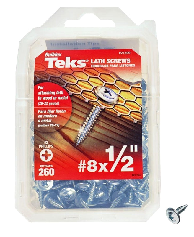 Teks 21500 Lath Screw, #8 Thread, Truss Head, Phillips Drive, Sharp Point, Steel, Zinc, 260 PK