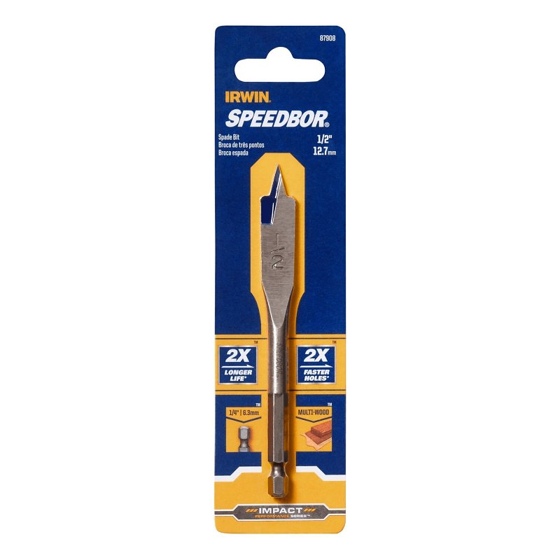 Irwin SPEEDBOR 87908 Spade Drill Bit, 1/2 in Dia, 4 in OAL, Short Length, Flat Flute, 1/4 in Dia Shank, Hex Shank